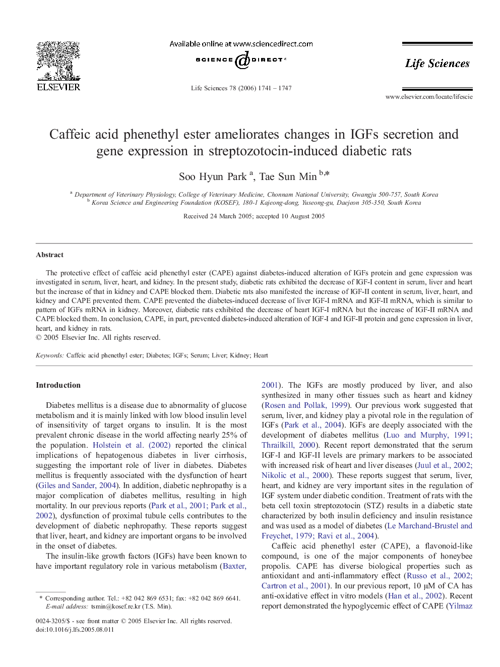 Caffeic acid phenethyl ester ameliorates changes in IGFs secretion and gene expression in streptozotocin-induced diabetic rats