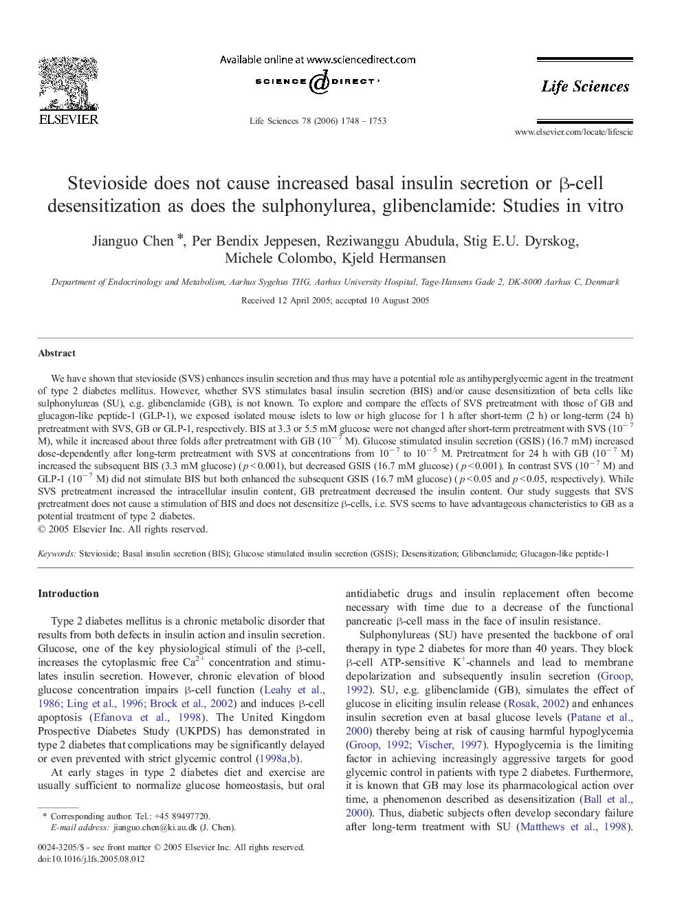 Stevioside does not cause increased basal insulin secretion or β-cell desensitization as does the sulphonylurea, glibenclamide: Studies in vitro