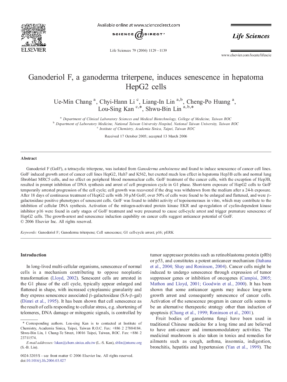 Ganoderiol F, a ganoderma triterpene, induces senescence in hepatoma HepG2 cells