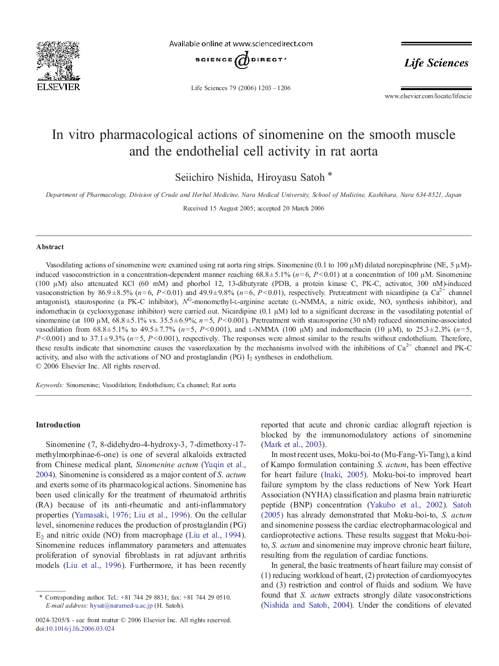 In vitro pharmacological actions of sinomenine on the smooth muscle and the endothelial cell activity in rat aorta