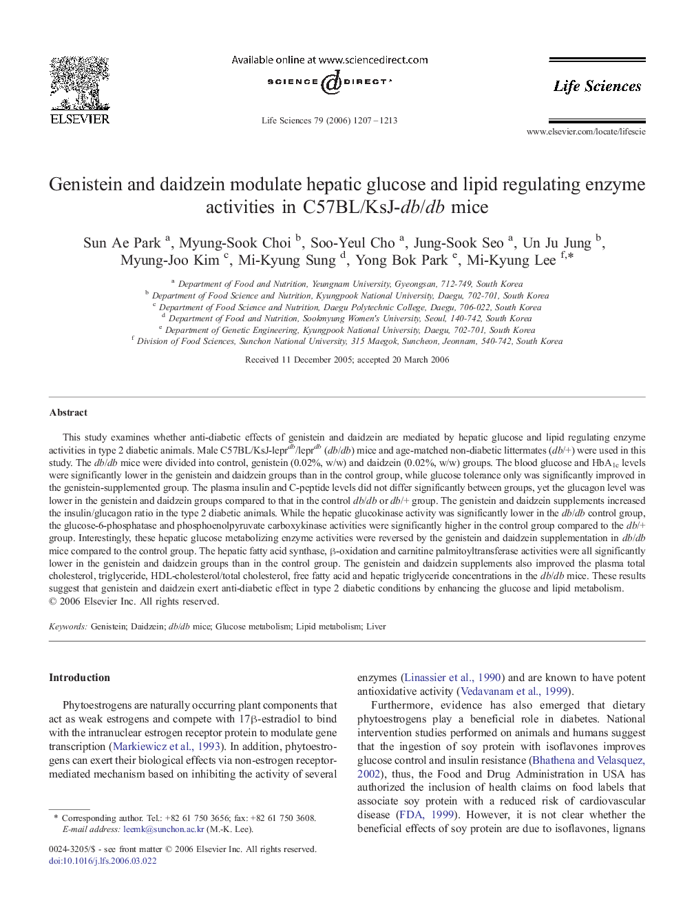 Genistein and daidzein modulate hepatic glucose and lipid regulating enzyme activities in C57BL/KsJ-db/db mice