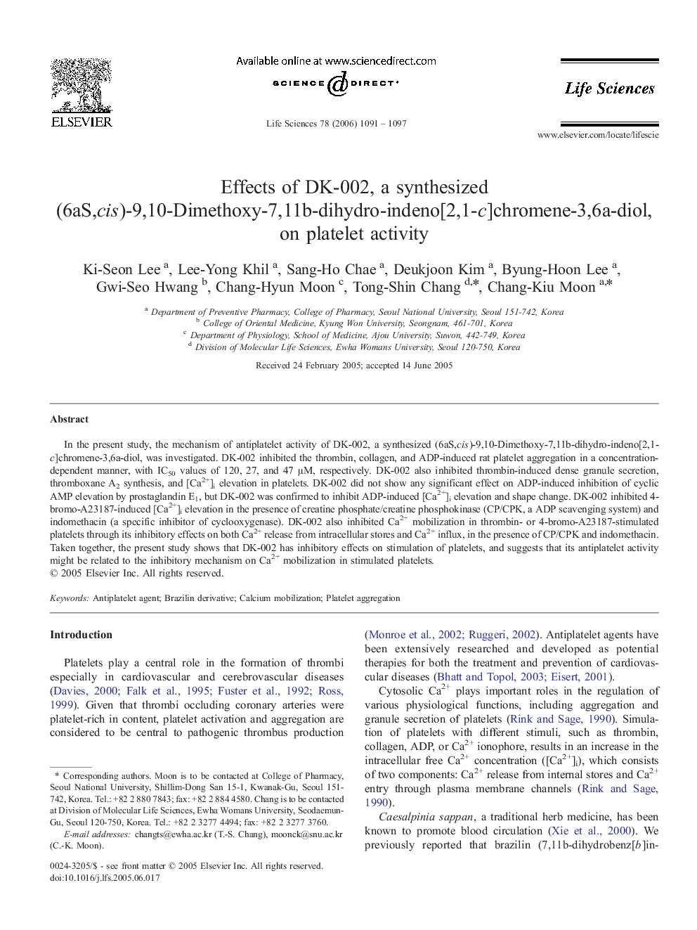 Effects of DK-002, a synthesized (6aS,cis)-9,10-Dimethoxy-7,11b-dihydro-indeno[2,1-c]chromene-3,6a-diol, on platelet activity