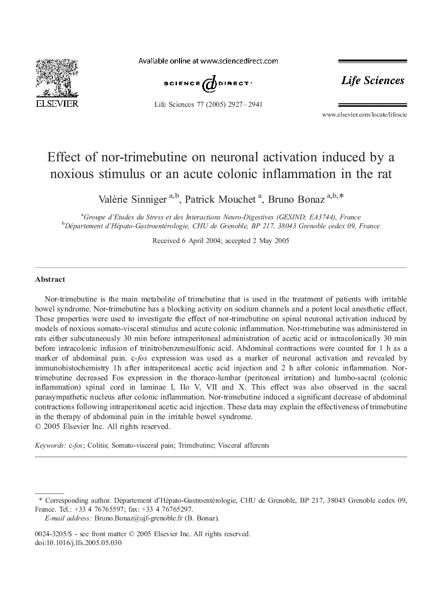 Effect of nor-trimebutine on neuronal activation induced by a noxious stimulus or an acute colonic inflammation in the rat