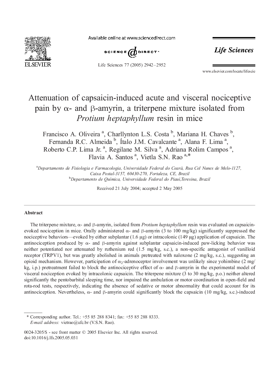 Attenuation of capsaicin-induced acute and visceral nociceptive pain by α- and β-amyrin, a triterpene mixture isolated from Protium heptaphyllum resin in mice