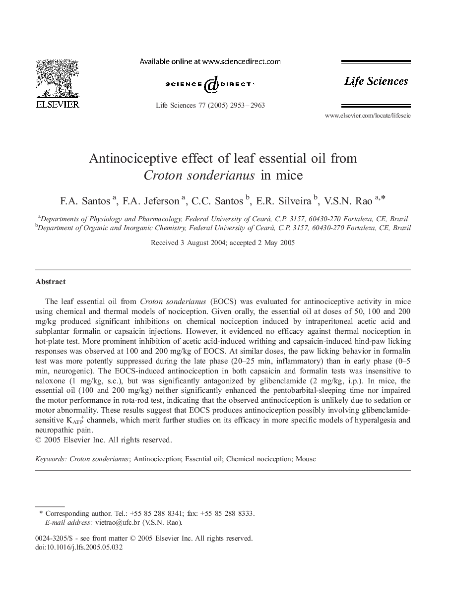 Antinociceptive effect of leaf essential oil from Croton sonderianus in mice