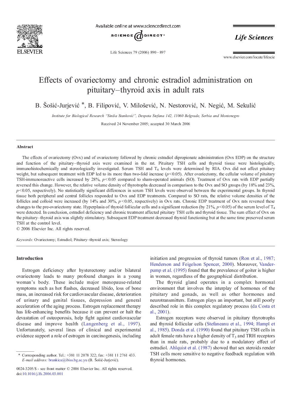 Effects of ovariectomy and chronic estradiol administration on pituitary–thyroid axis in adult rats