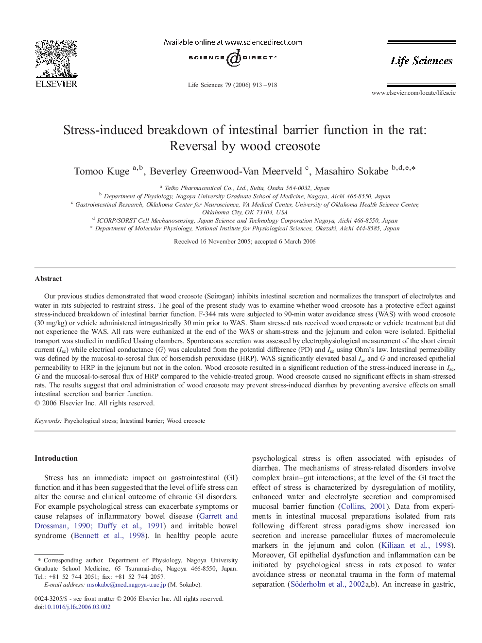 Stress-induced breakdown of intestinal barrier function in the rat: Reversal by wood creosote