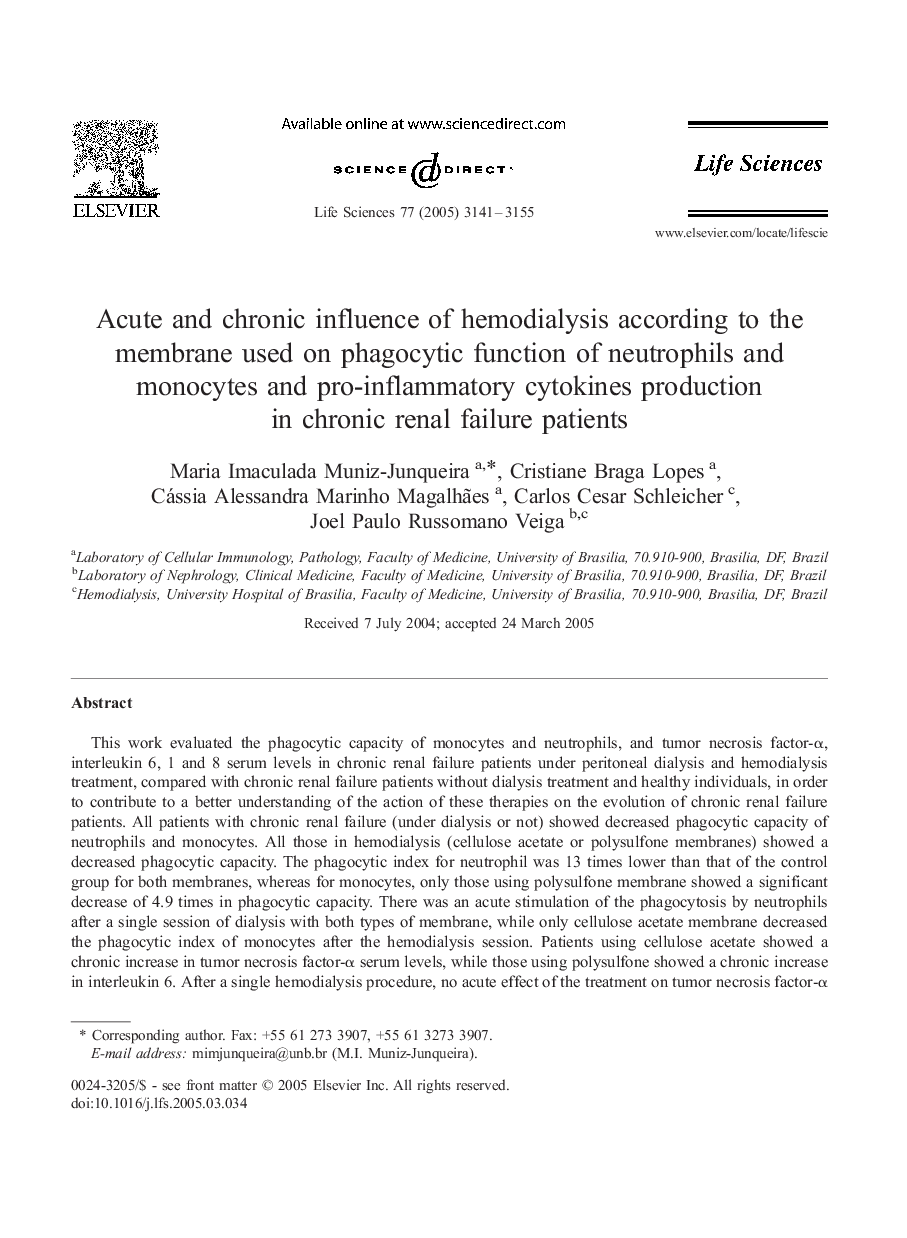 عکس صفحه اول مقاله: Acute and chronic influence of hemodialysis according to the membrane used on phagocytic function of neutrophils and monocytes and pro-inflammatory cytokines production in chronic renal failure patients Acute and chronic influence of hemodialysis according to the membrane used on phagocytic function of neutrophils and monocytes and pro-inflammatory cytokines production in chronic renal failure patients