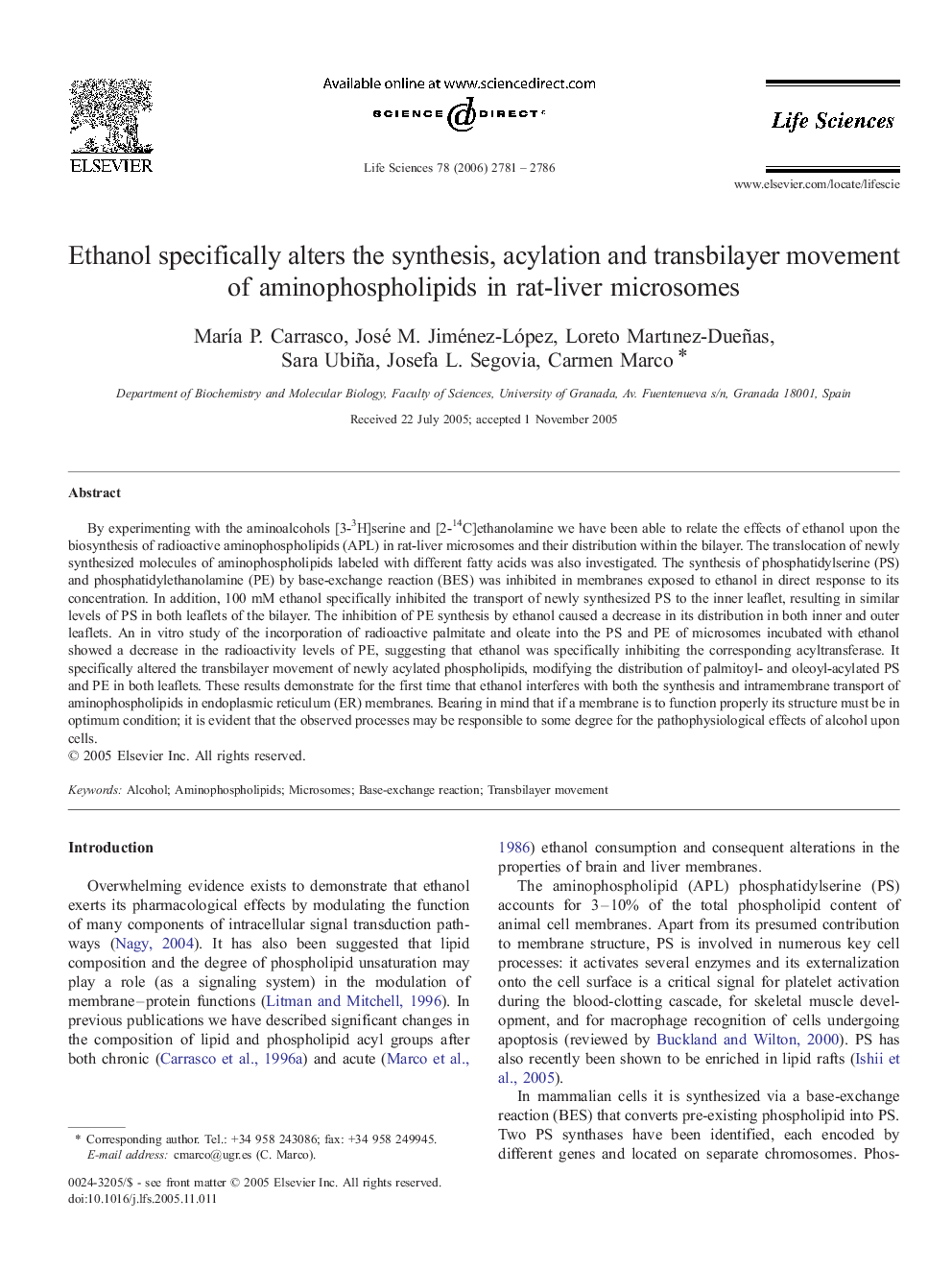 Ethanol specifically alters the synthesis, acylation and transbilayer movement of aminophospholipids in rat-liver microsomes