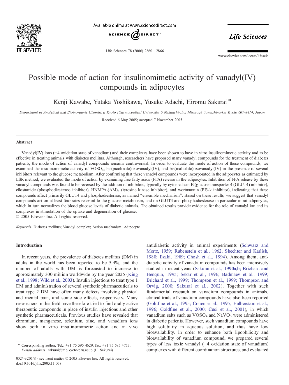 Possible mode of action for insulinomimetic activity of vanadyl(IV) compounds in adipocytes