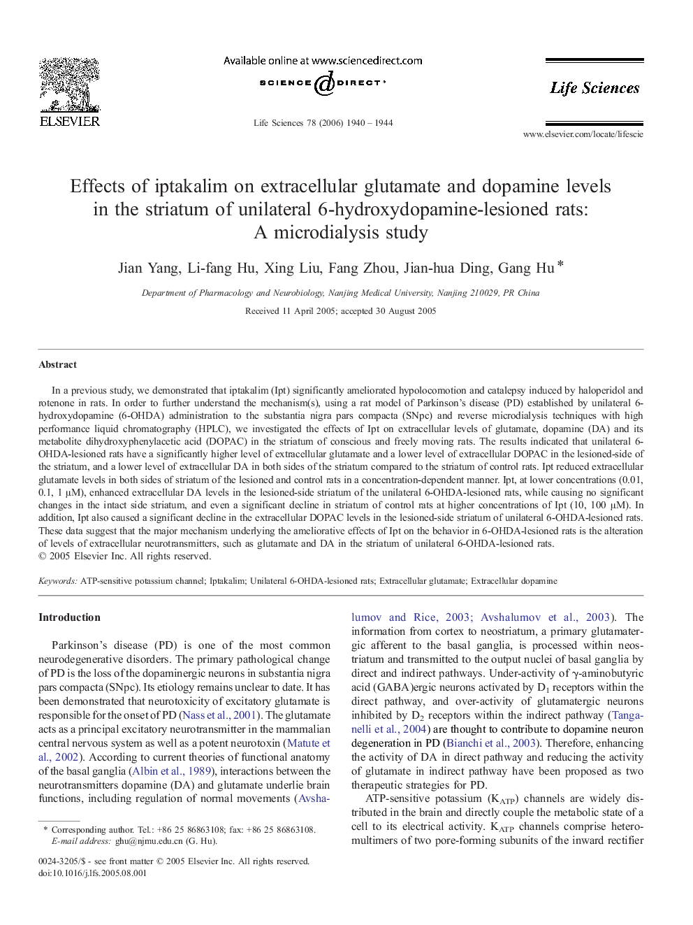 Effects of iptakalim on extracellular glutamate and dopamine levels in the striatum of unilateral 6-hydroxydopamine-lesioned rats: A microdialysis study