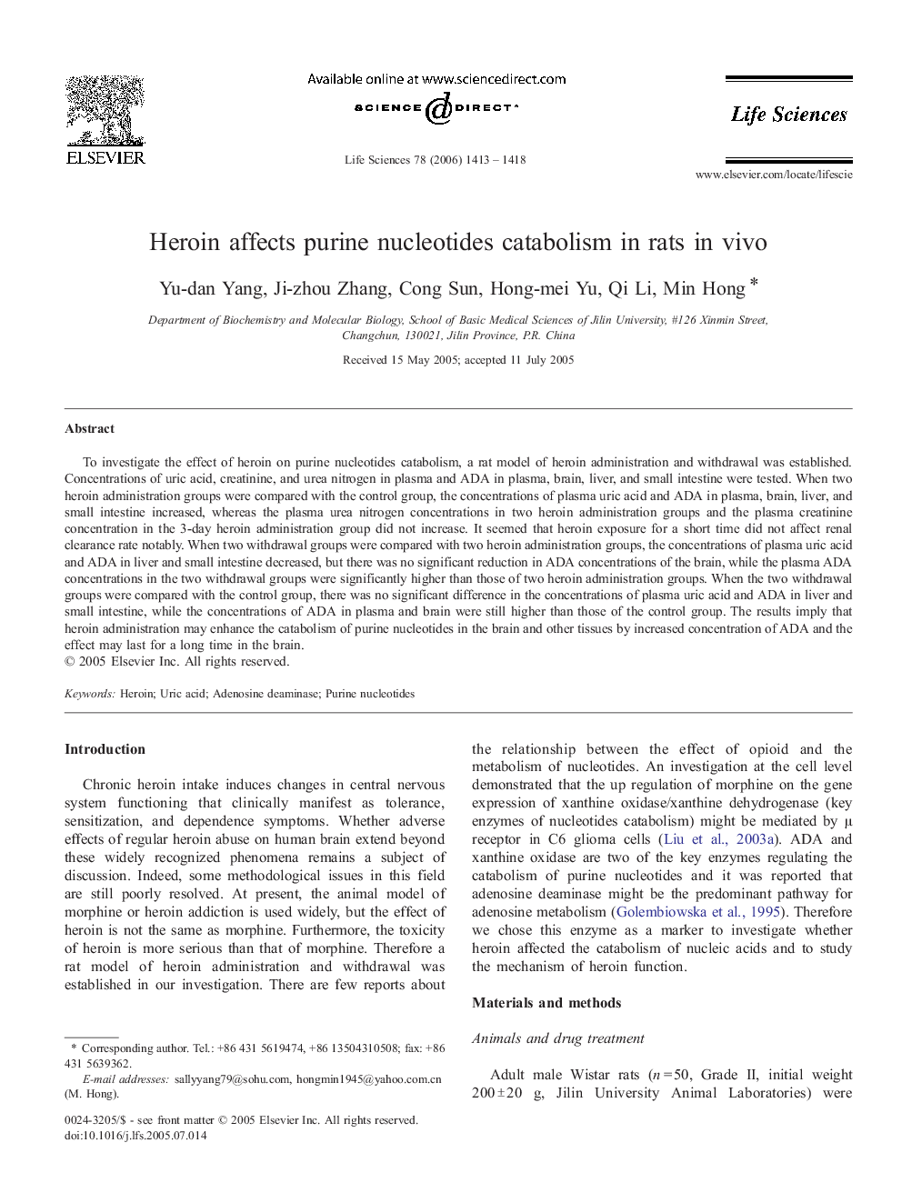 Heroin affects purine nucleotides catabolism in rats in vivo