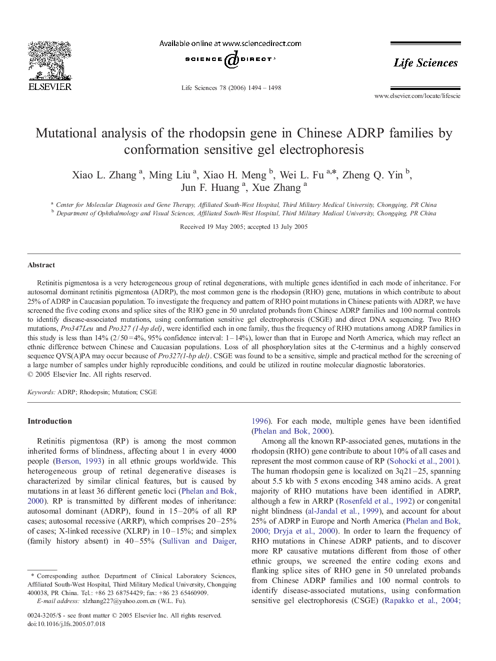 Mutational analysis of the rhodopsin gene in Chinese ADRP families by conformation sensitive gel electrophoresis