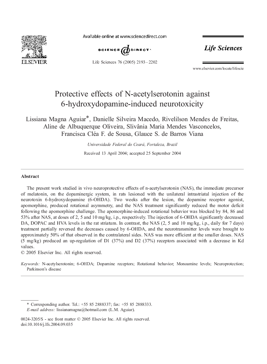 Protective effects of N-acetylserotonin against 6-hydroxydopamine-induced neurotoxicity