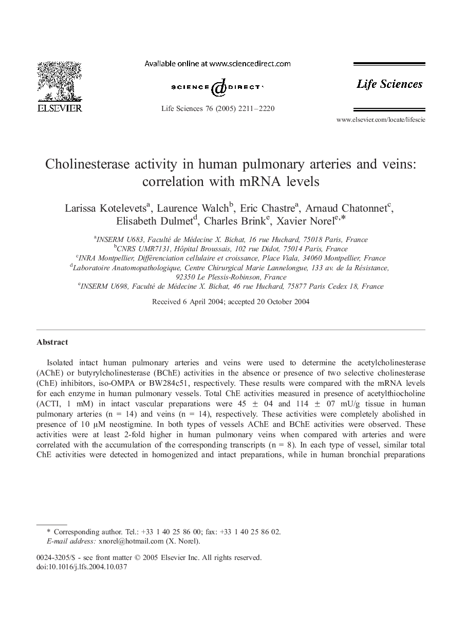 Cholinesterase activity in human pulmonary arteries and veins: correlation with mRNA levels