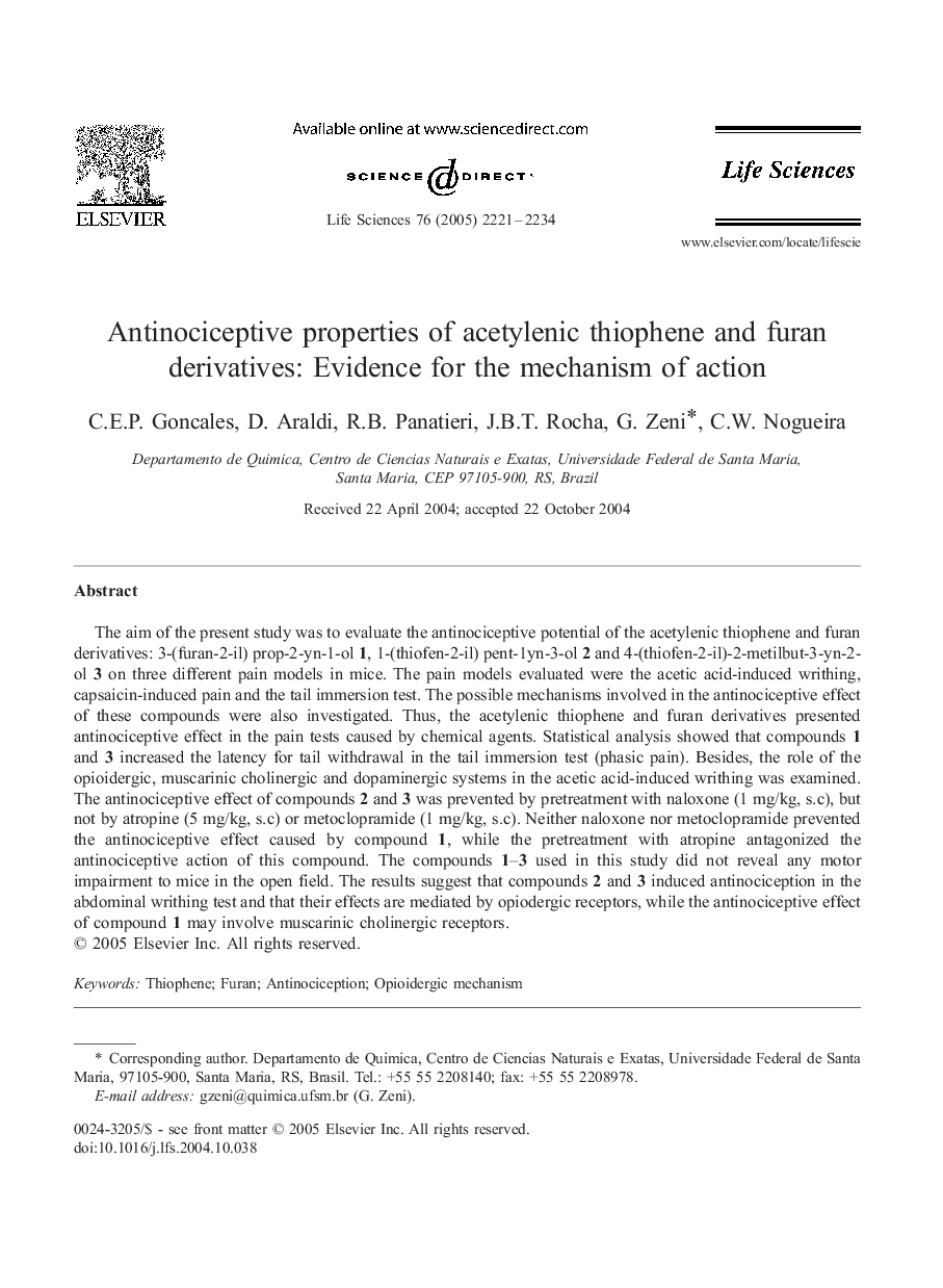 Antinociceptive properties of acetylenic thiophene and furan derivatives: Evidence for the mechanism of action