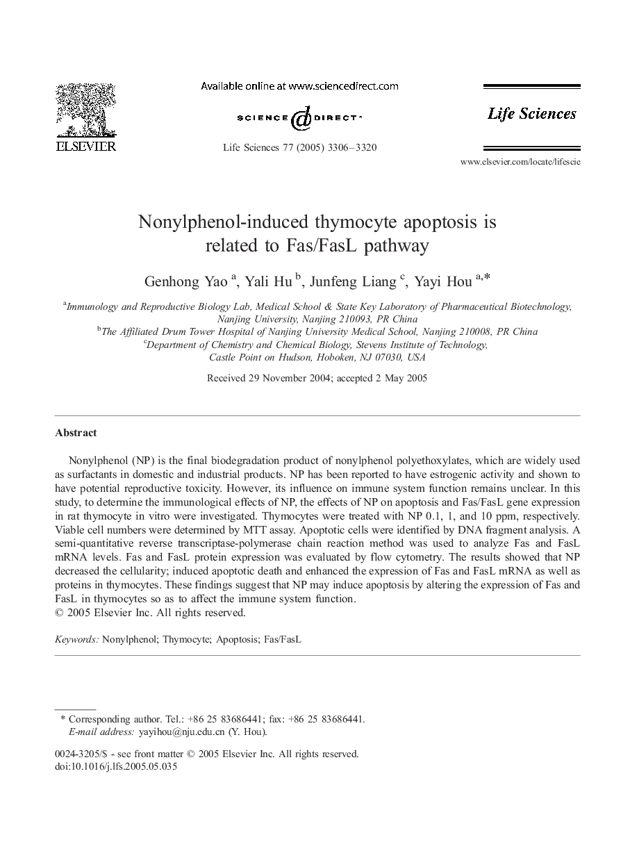 Nonylphenol-induced thymocyte apoptosis is related to Fas/FasL pathway