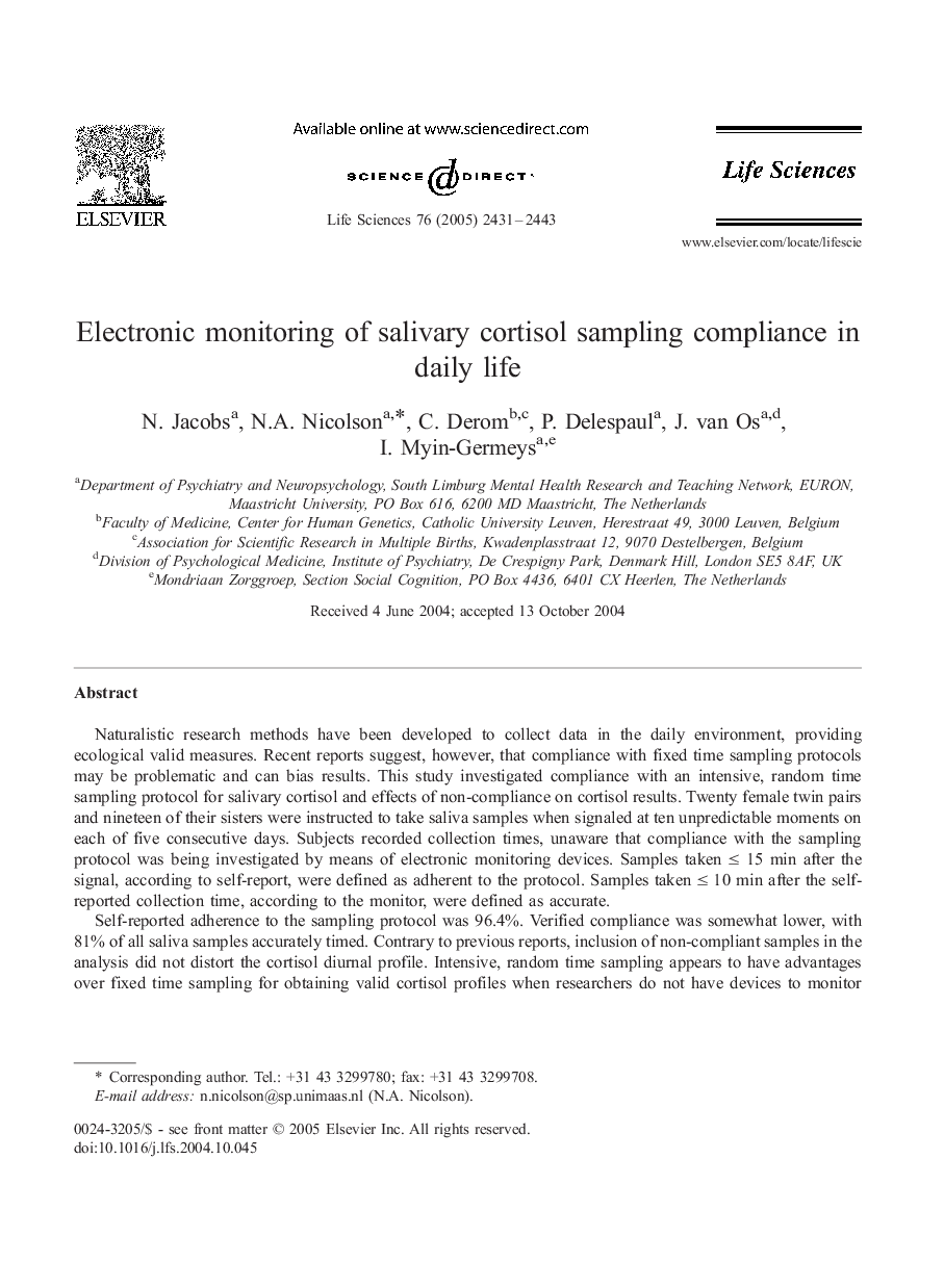 Electronic monitoring of salivary cortisol sampling compliance in daily life