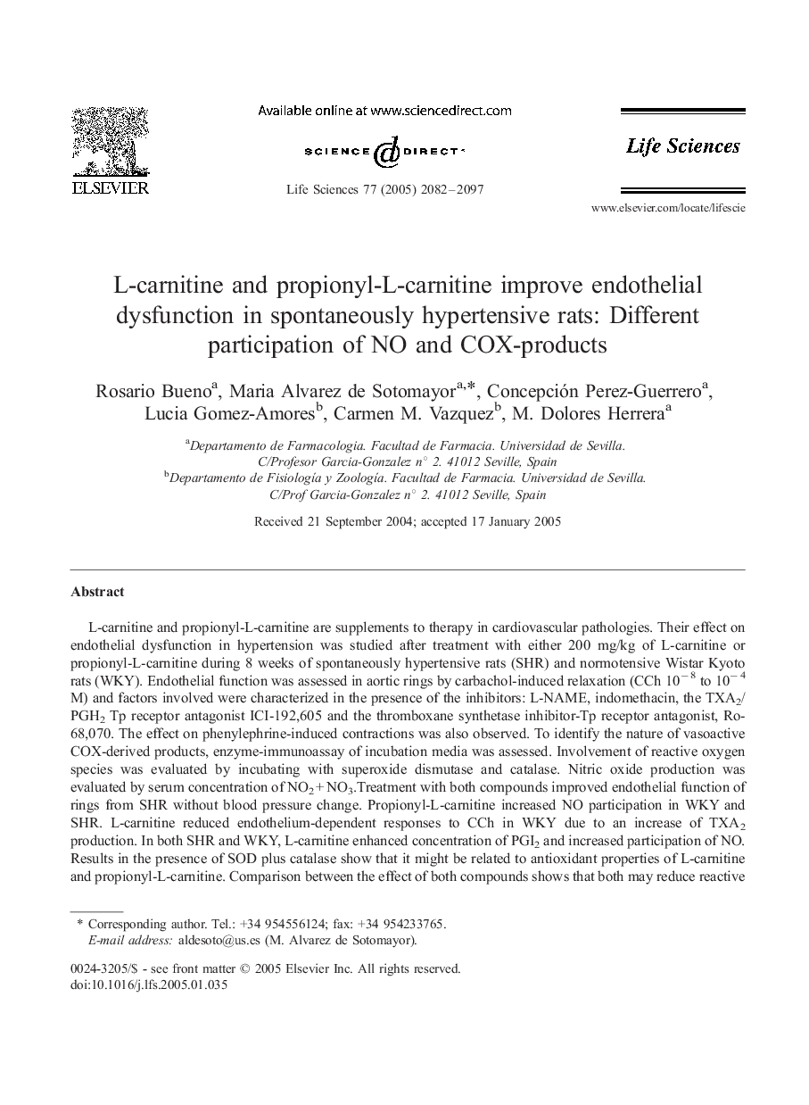 L-carnitine and propionyl-L-carnitine improve endothelial dysfunction in spontaneously hypertensive rats: Different participation of NO and COX-products