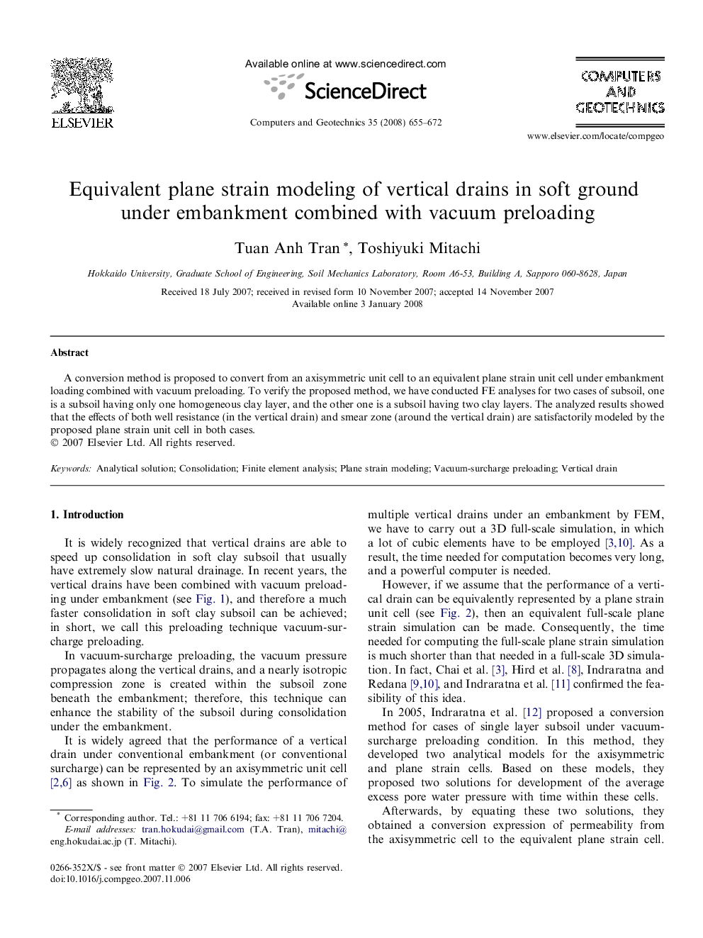 Equivalent plane strain modeling of vertical drains in soft ground under embankment combined with vacuum preloading