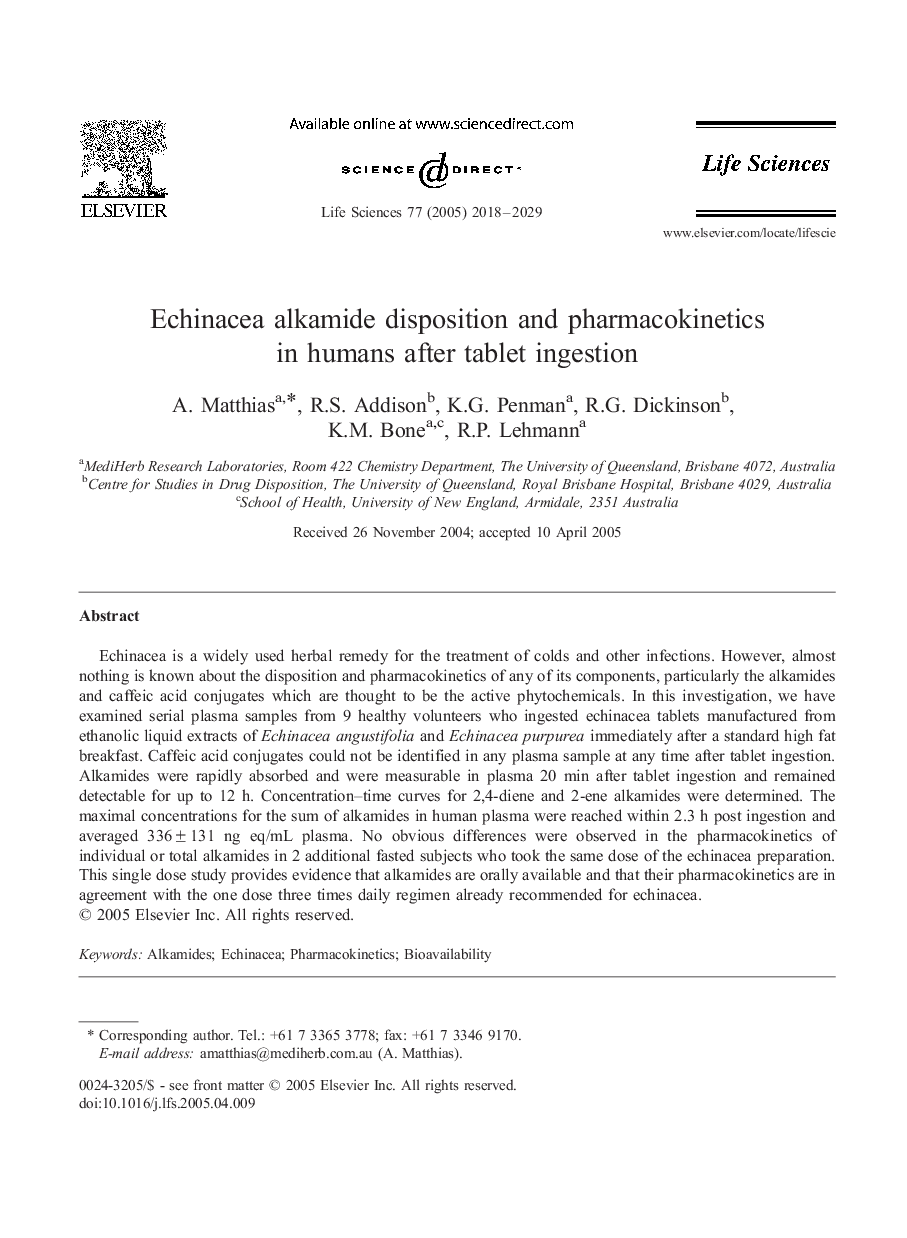 Echinacea alkamide disposition and pharmacokinetics in humans after tablet ingestion