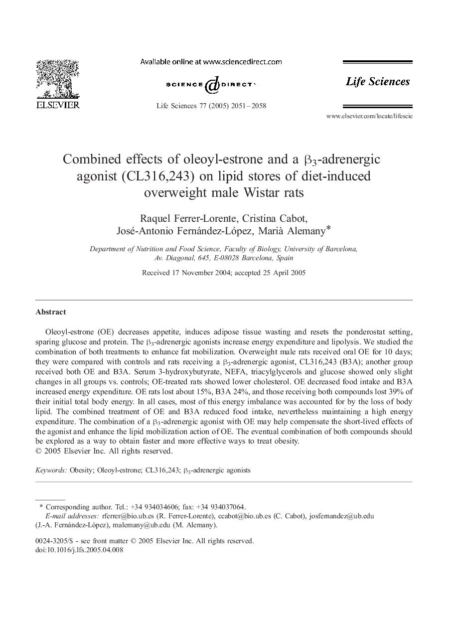 Combined effects of oleoyl-estrone and a β3-adrenergic agonist (CL316,243) on lipid stores of diet-induced overweight male Wistar rats