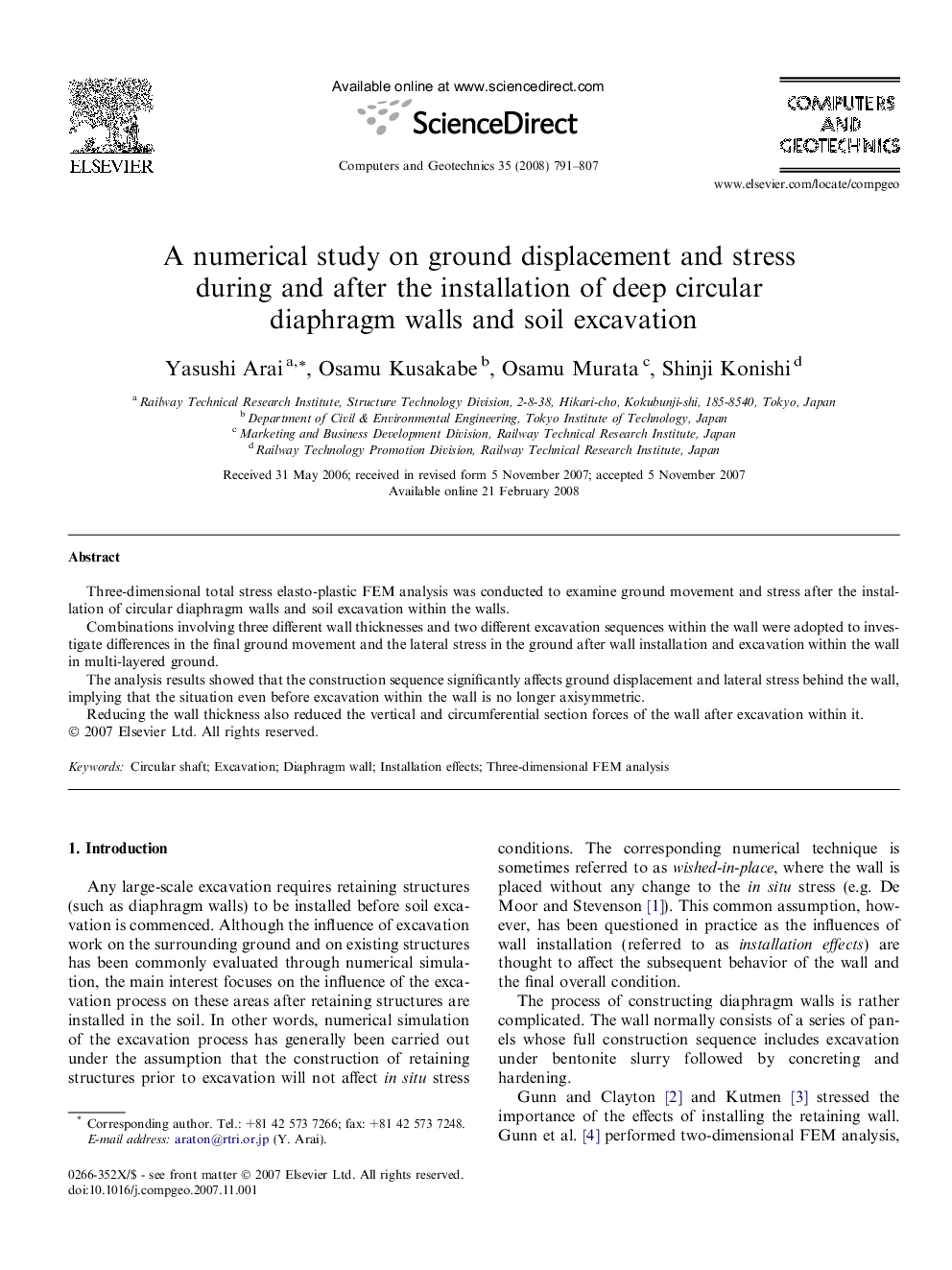 A numerical study on ground displacement and stress during and after the installation of deep circular diaphragm walls and soil excavation