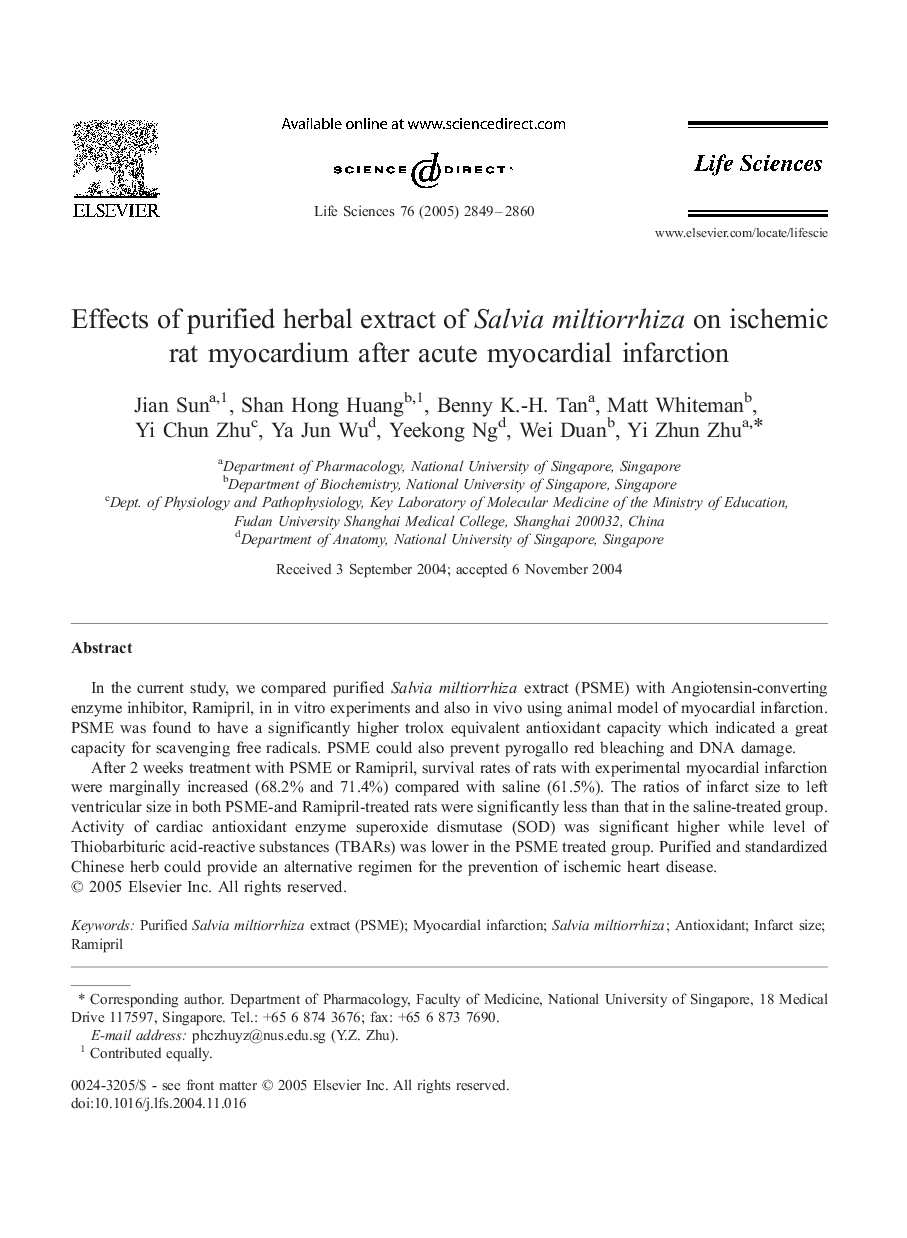 Effects of purified herbal extract of Salvia miltiorrhiza on ischemic rat myocardium after acute myocardial infarction