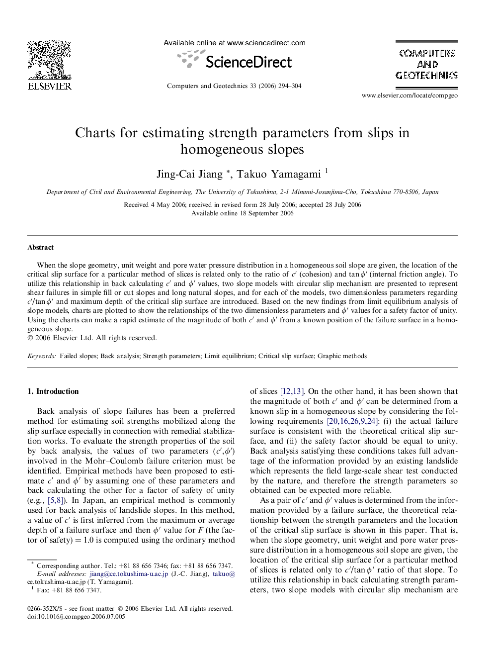 Charts for estimating strength parameters from slips in homogeneous slopes