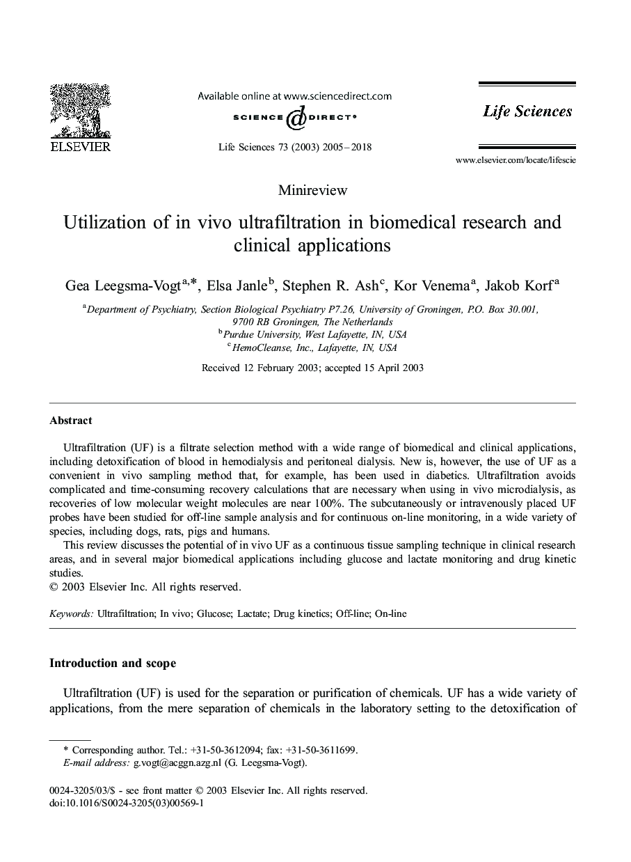 Utilization of in vivo ultrafiltration in biomedical research and clinical applications