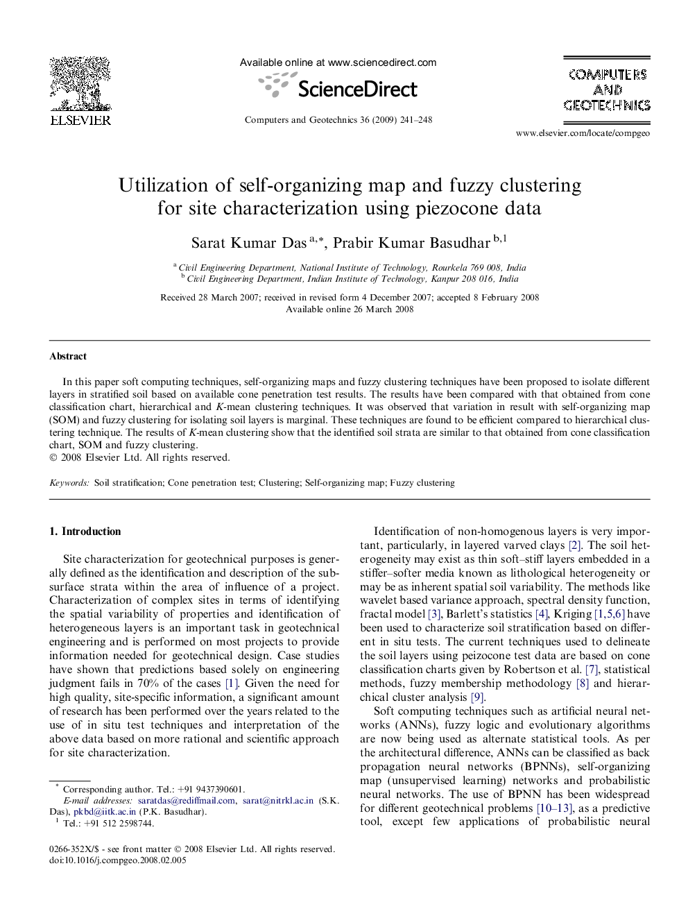 Utilization of self-organizing map and fuzzy clustering for site characterization using piezocone data