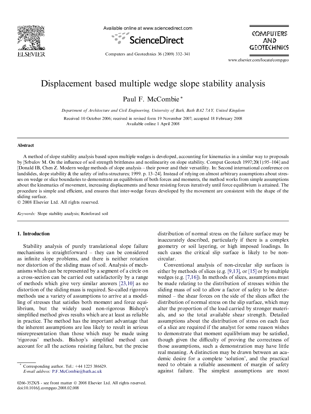 Displacement based multiple wedge slope stability analysis