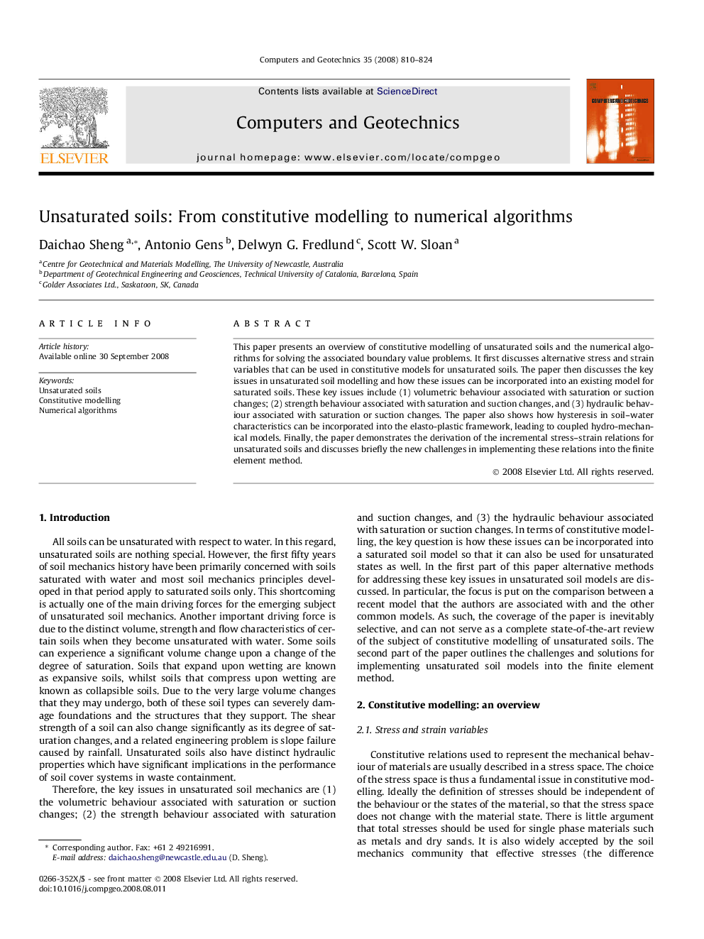 Unsaturated soils: From constitutive modelling to numerical algorithms