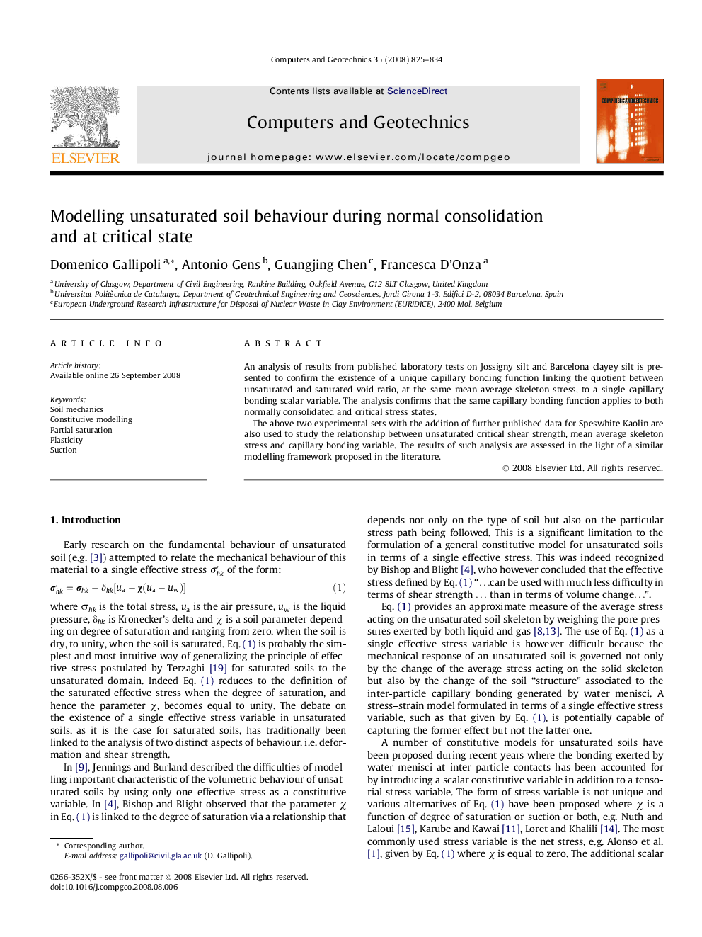 Modelling unsaturated soil behaviour during normal consolidation and at critical state