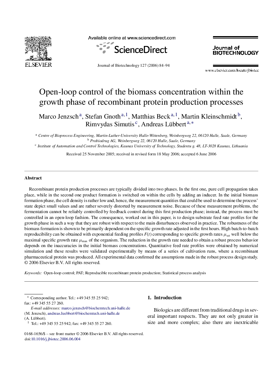 Open-loop control of the biomass concentration within the growth phase of recombinant protein production processes