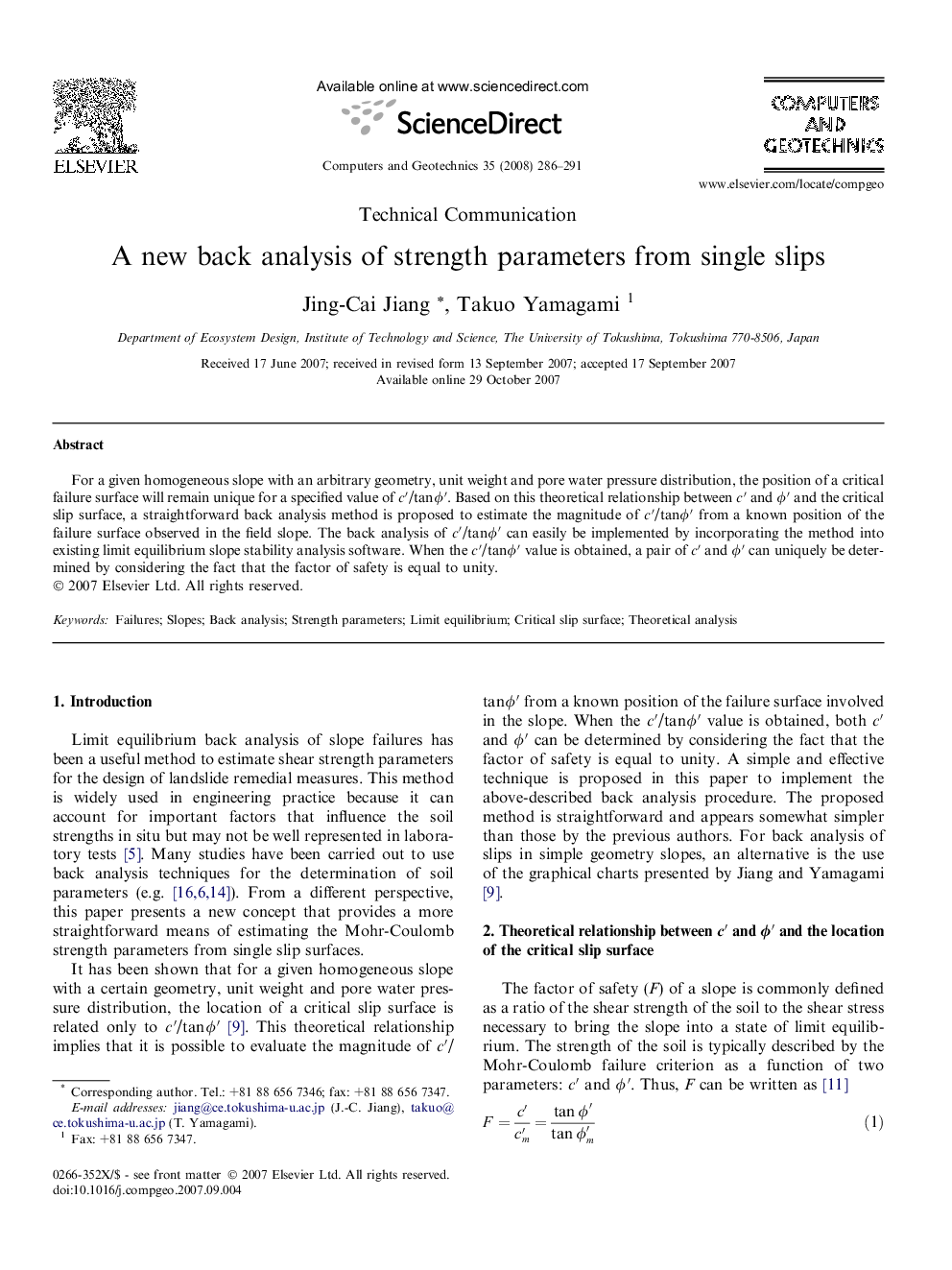 A new back analysis of strength parameters from single slips