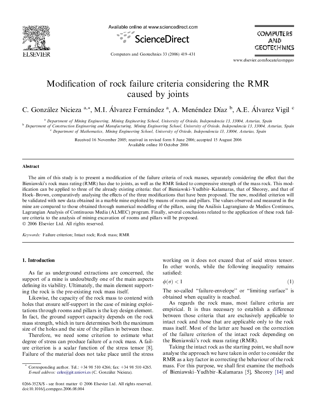 Modification of rock failure criteria considering the RMR caused by joints