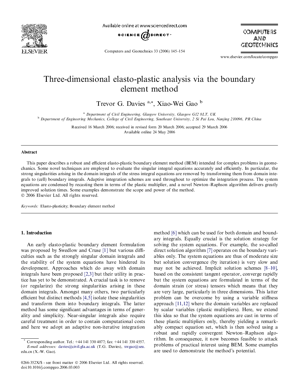 Three-dimensional elasto-plastic analysis via the boundary element method