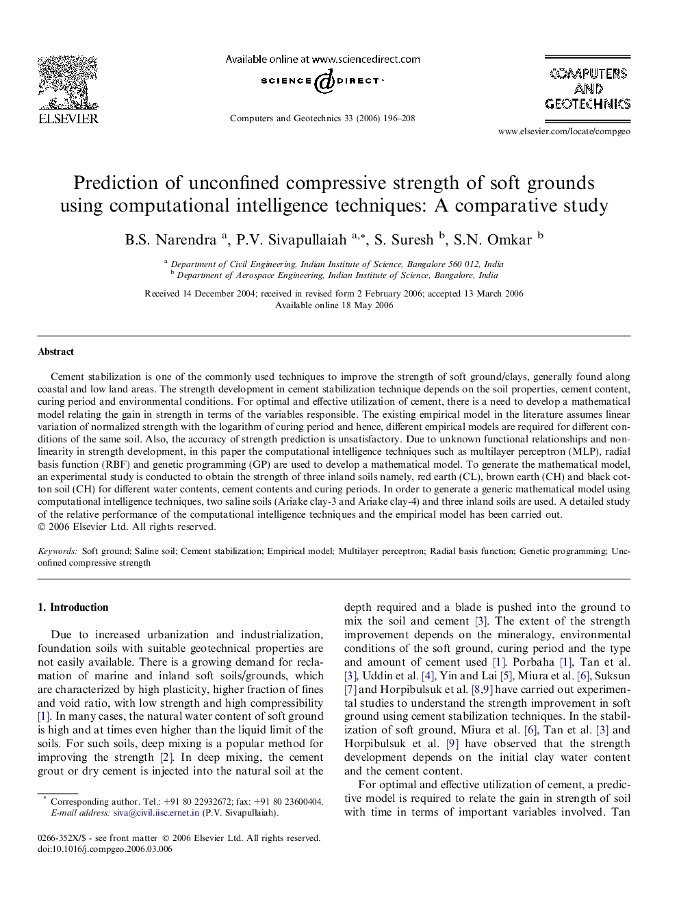 Prediction of unconfined compressive strength of soft grounds using computational intelligence techniques: A comparative study