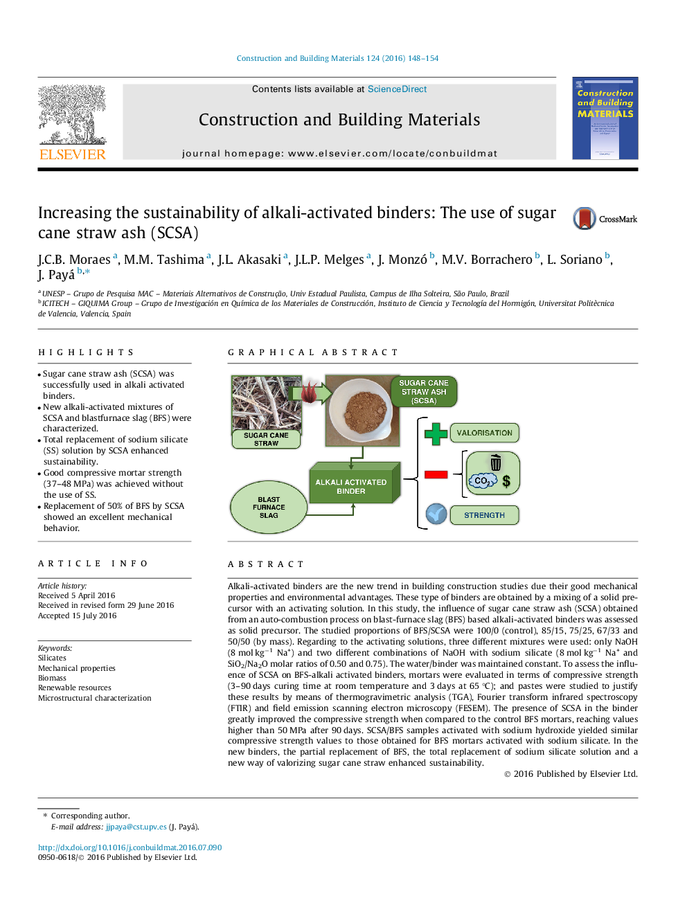 Increasing the sustainability of alkali-activated binders: The use of sugar cane straw ash (SCSA)