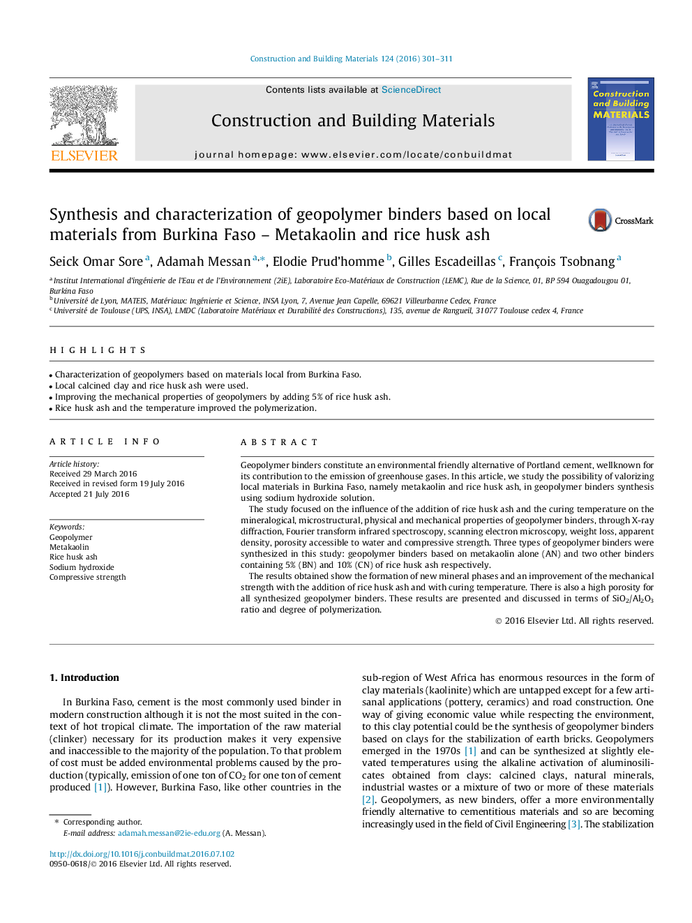 Synthesis and characterization of geopolymer binders based on local materials from Burkina Faso – Metakaolin and rice husk ash