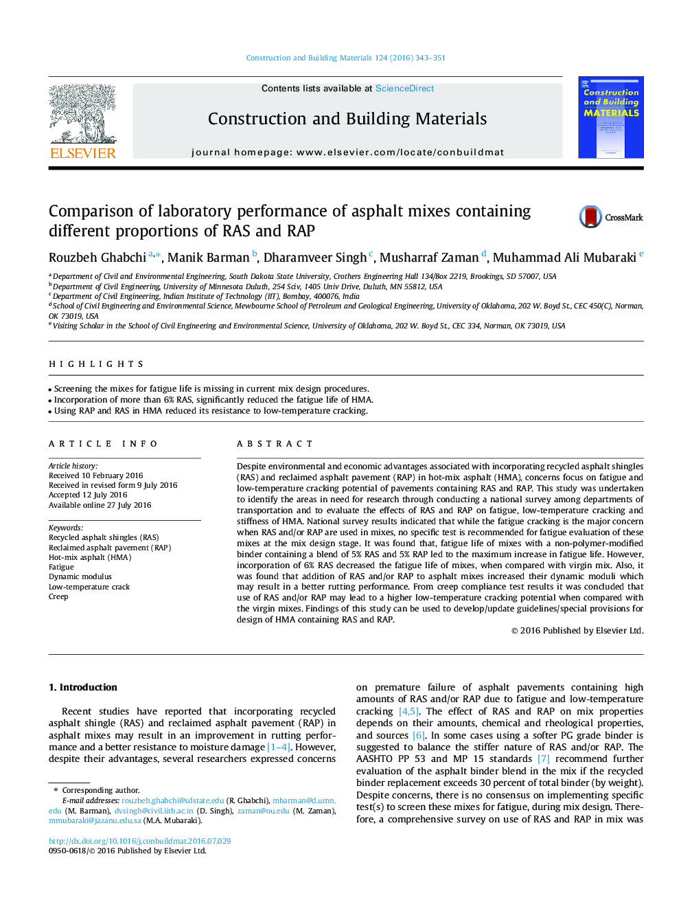 Comparison of laboratory performance of asphalt mixes containing different proportions of RAS and RAP