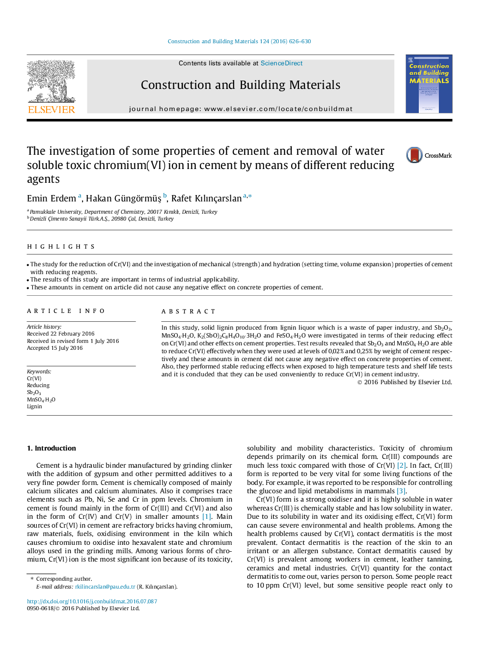 The investigation of some properties of cement and removal of water soluble toxic chromium(VI) ion in cement by means of different reducing agents