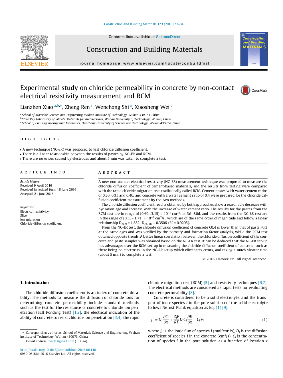 Experimental study on chloride permeability in concrete by non-contact electrical resistivity measurement and RCM