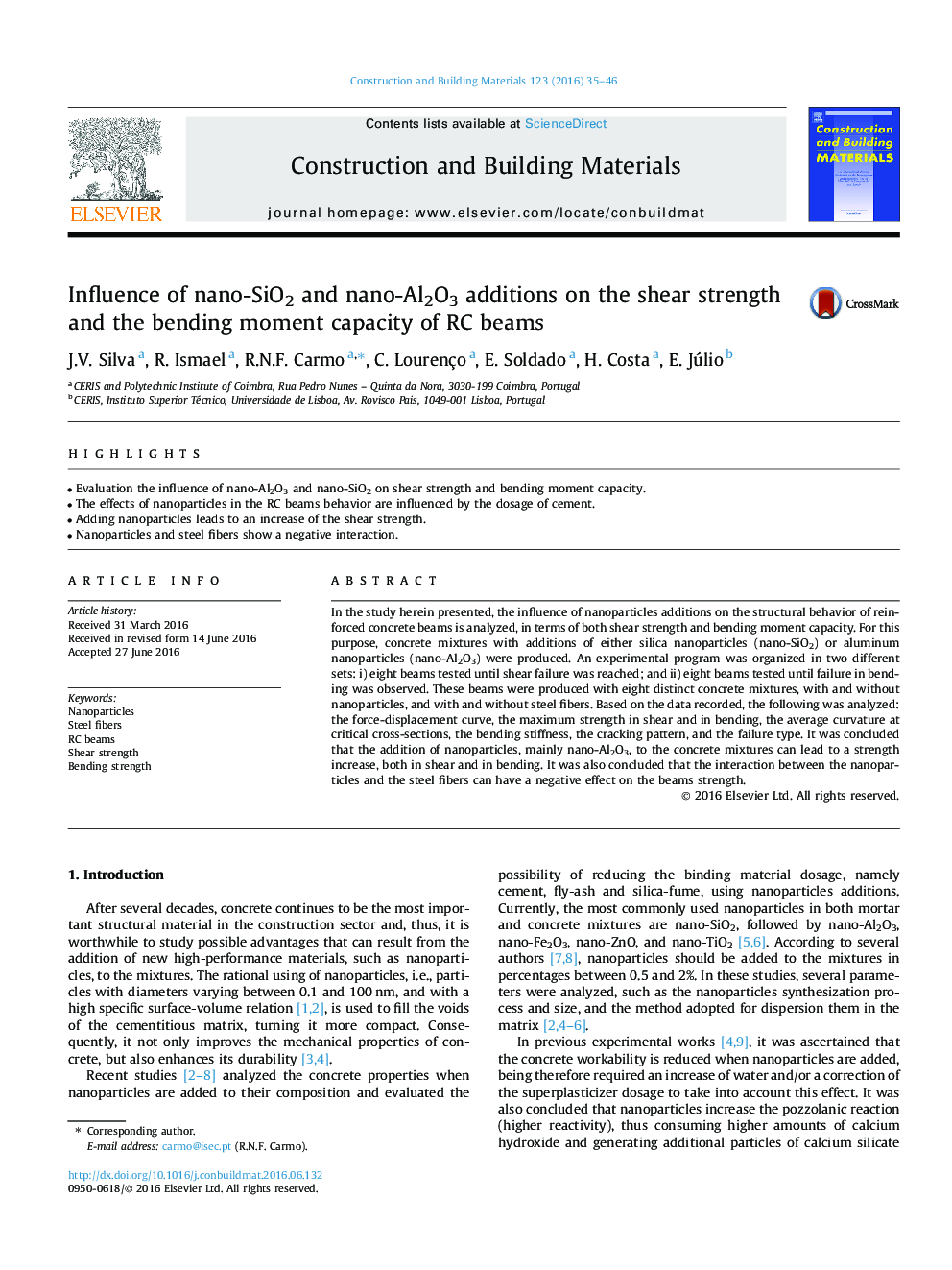 Influence of nano-SiO2 and nano-Al2O3 additions on the shear strength and the bending moment capacity of RC beams