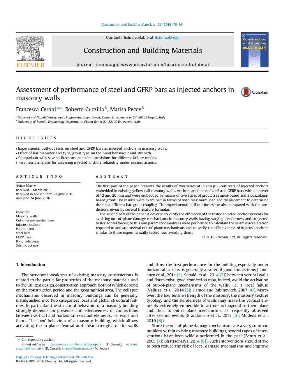 Assessment of performance of steel and GFRP bars as injected anchors in masonry walls