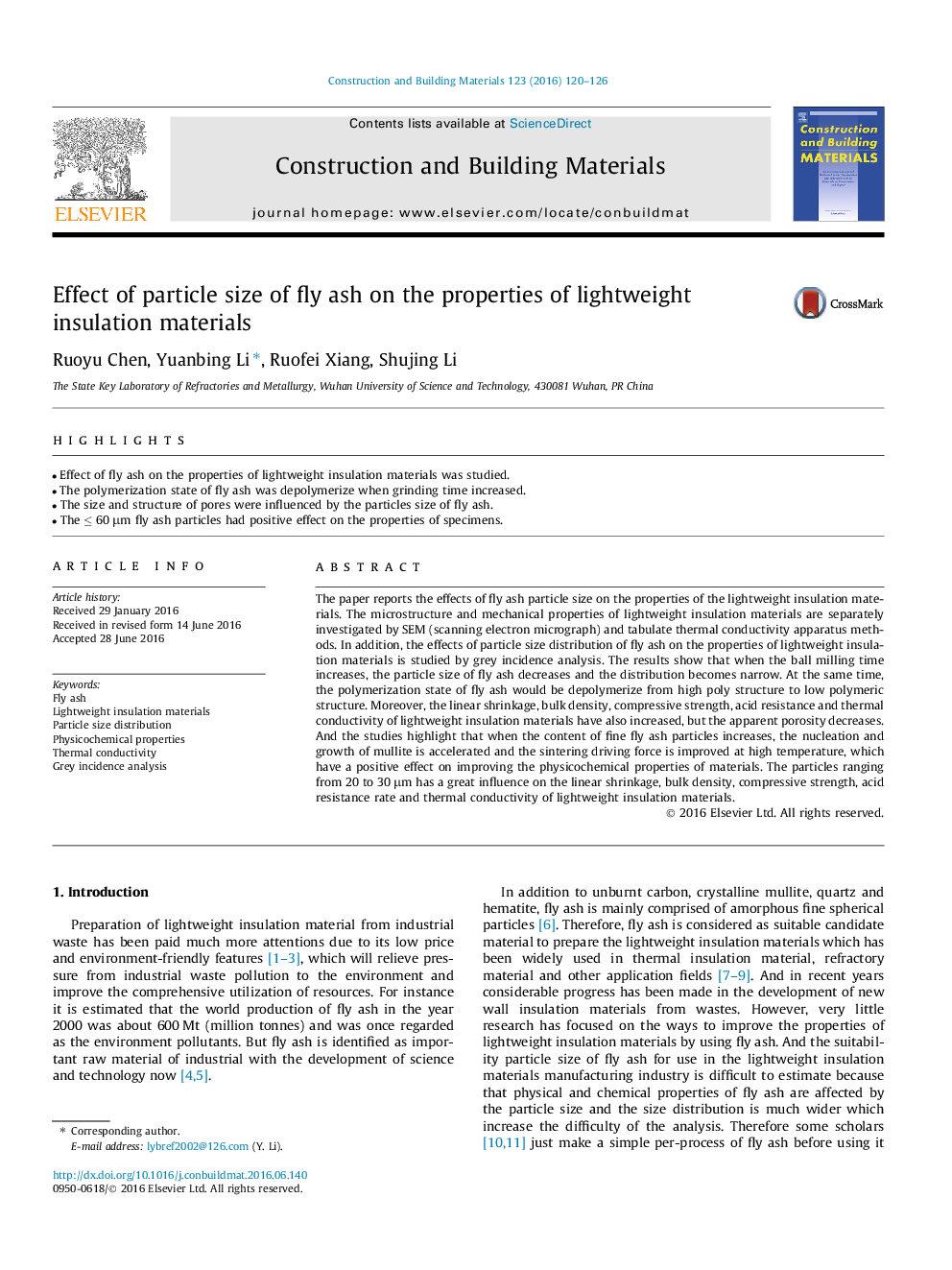 Effect of particle size of fly ash on the properties of lightweight insulation materials