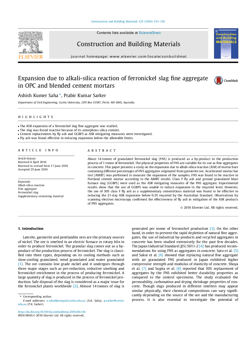 Expansion due to alkali-silica reaction of ferronickel slag fine aggregate in OPC and blended cement mortars