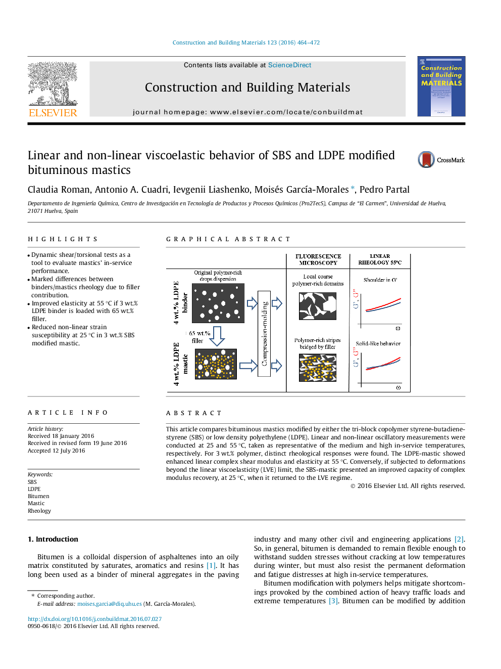 Linear and non-linear viscoelastic behavior of SBS and LDPE modified bituminous mastics