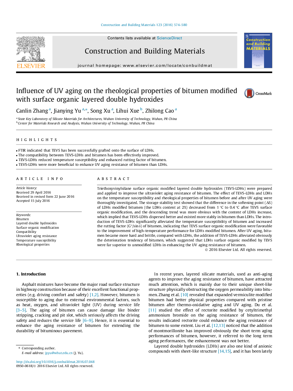 Influence of UV aging on the rheological properties of bitumen modified with surface organic layered double hydroxides